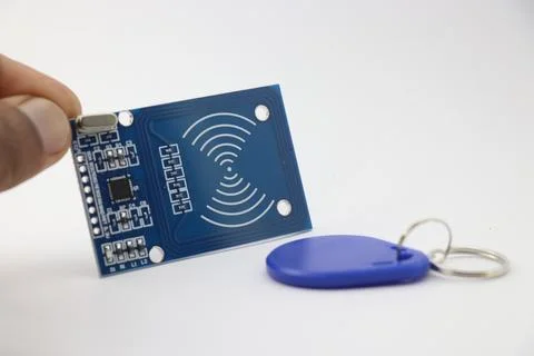 RFID reader module and rfid tag on a white background Foto stock
