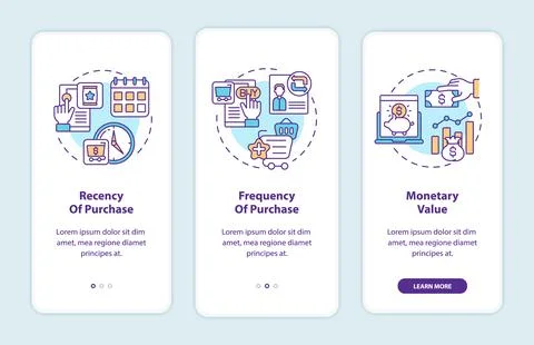 RFM model analysis onboarding mobile app page screen with concepts Stock Illustration