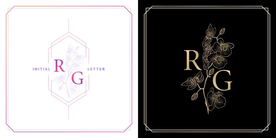RG or GR monogram with orchid flowers ornament, initial letter and graphic name Stock Illustration