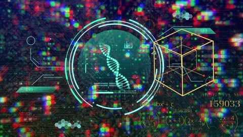 RGB flicker sparking holo circle glowing helix forming, charts updating, cube Stock Footage 334884051