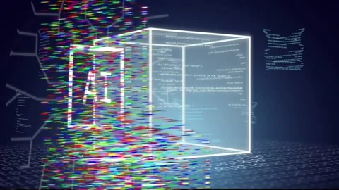 RGB glitch sparking wire cube, AI panel appearing, rotating, linking circuits, Stock Footage 334337785