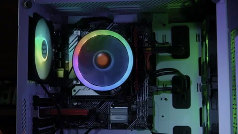 RGB light on of personal computer, cooling unit with the fan of the stylish Stock Footage 269740594