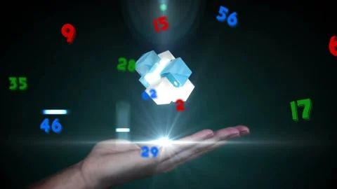 RGB numerals drifting, hand emerging projecting beam summoning cubes stacking Stock Footage 326101290