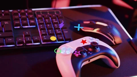 RGB pulse hitting white-black gamepad, emitting shapes floating, clustering to Stock Footage 334884128