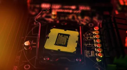 RGB red lights inside CPU processor, computer concept 写真素材