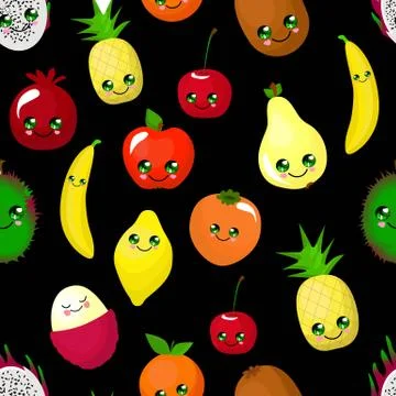 RGBFruit seamless pattern on a black background. Pear, apple and orange. Bana Stock Illustration