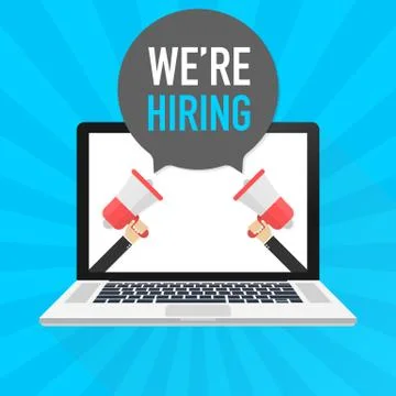 RGBLaptop notebook computer screen. Hand holding megaphone. We're hiring text Illustrazione stock
