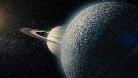 Rhea, mid-sized moon of Saturn on space bacground mid-sized moon of Saturn. 3d Ilustração Stock