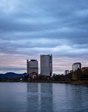 Rheine river view of the Post Tower and UN building Stock Photos