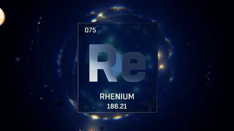 Rhenium as Element 75 of the Periodic Table 3D animation on blue background Video stock 119619373