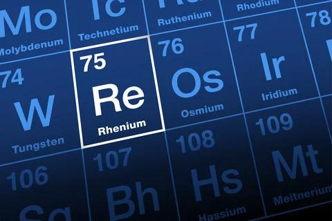 Rhenium on periodic table of elements, transition metal with symbol Re Stock Illustration