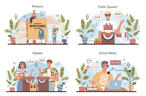 Rhetoric school class set. Students training public speaking and debates Stock Illustration
