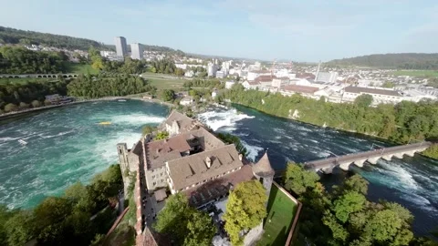 Rhine Fall (Rheinfall) Waterfall Arial view 4K FPV Drone Switzerland Stock Footage 263240550