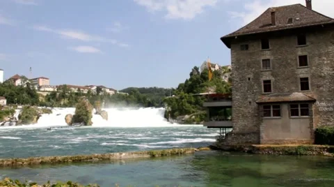 Rhine Falls  on blue sky background from Germany side Stock Footage 42016624