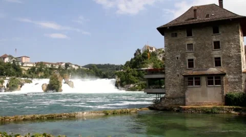 Rhine Falls  on blue sky background from Germany side Stock Footage 42016645