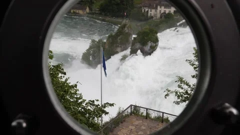 Rhine Falls through a window, Turbulent Water Rapids Stock Footage 139646607