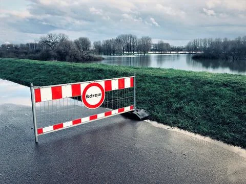 Rhine flood sign Stock Photos