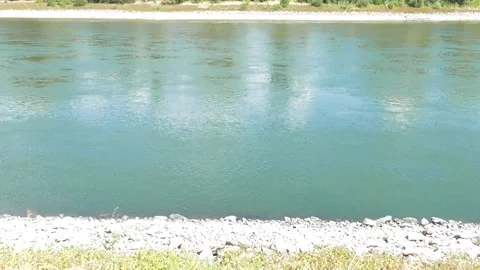 Rhine flowing very low after a long heatwave Stock Footage 341118935