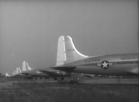 RHINE-MAIN, GERMANY - 1948: Fleet - Parked C-54 Tails Form an Airlift Lineup Video stock 344491736