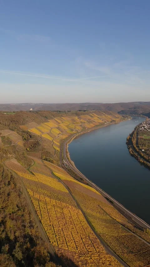 Rhine River Bend Vertical Aerial Autumn Boppard Germany 動画素材 338409604