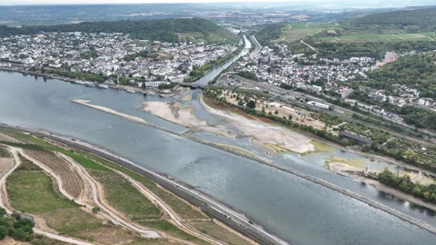 Rhine river - extraordinary low water level Stock Footage 342592912