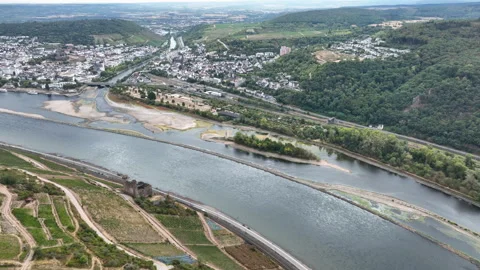 Rhine river - extraordinary low water level Stock Footage 342593405