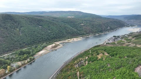 Rhine river - extraordinary low water level Stock Footage 342599896