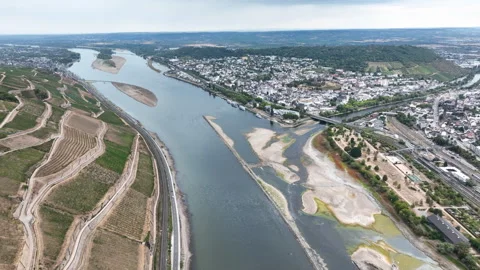 Rhine river - extraordinary low water level Stock Footage 342601239