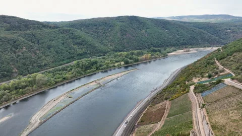 Rhine river - extraordinary low water level Stock Footage 342604499