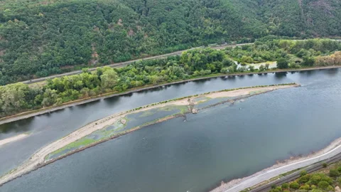 Rhine river - extraordinary low water level Stock Footage 342604838