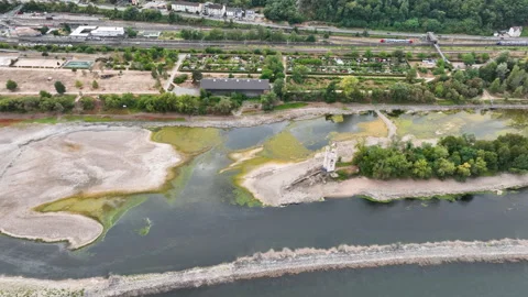 Rhine river - extraordinary low water level Stock Footage 342609529
