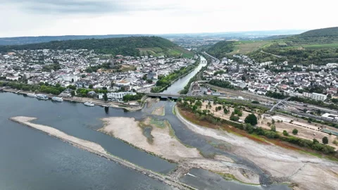 Rhine river - extraordinary low water level Stock Footage 342609546