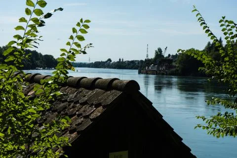 Rhine view with house and tree in rheinfelden switzerland Stock Photos