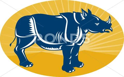 Rhinoceros side view woodcut Stock Illustration