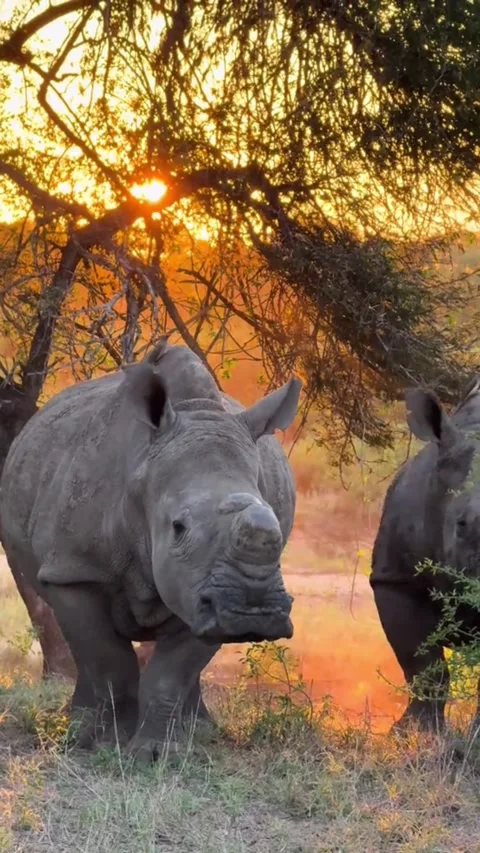 Rhinos in the wild beautifully backlit by the setting sun Stock Footage 341731863