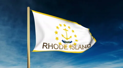 Rhode island flag slider style with title. Waving in the wind with cloud Stock Footage 48198460