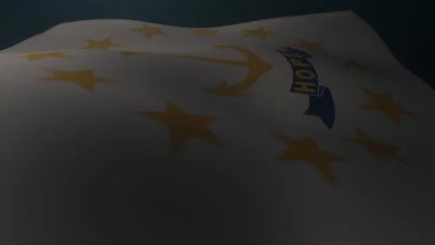 Rhode Island Flag waving in a dark atmospheric environment in slow motion. Stock Footage 132811965
