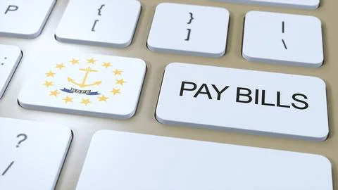 Rhode Island State Flag and Pay Bills Text on Button 3D Illustration Stock Illustration