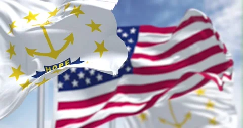 The Rhode Island state flag waving along with the national flag of the US Stock Footage 197325478