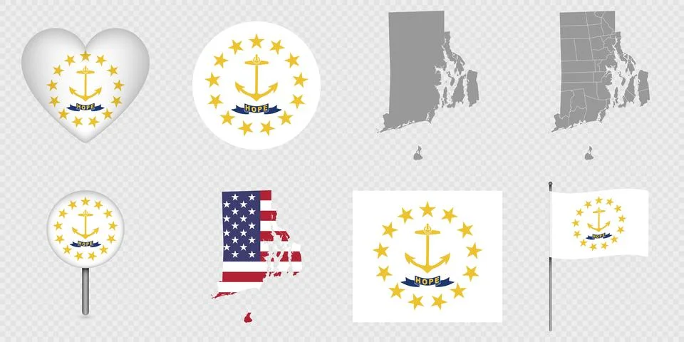 Rhode Island State Flags and Maps Icon Pack. Stock Illustration