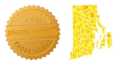 Rhode Island State Map Collage of Golden Spots and Metallic Rhode Island Seal Stock Illustration