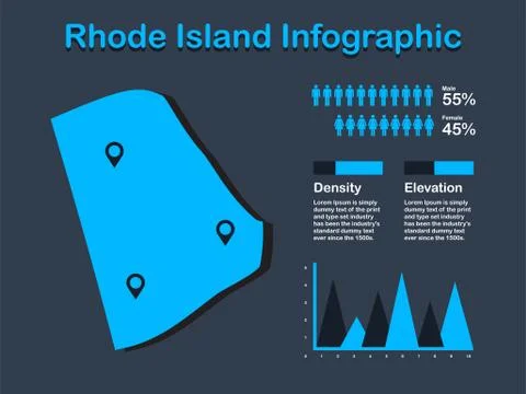 Rhode Island State (USA) Map with Set of Infographic Elements in Blue Color Illustrazione stock
