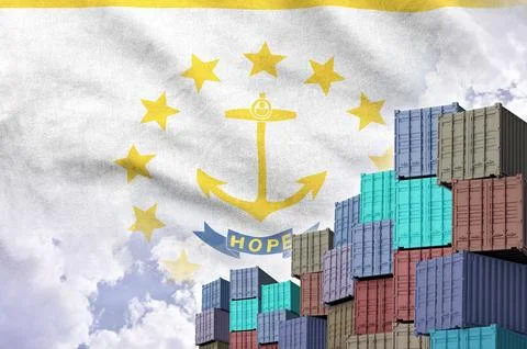 Rhode Island US state flag and big stack of shipping cargo containers in docks Stock Photos