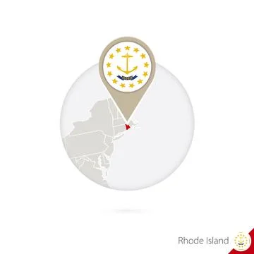 Rhode Island US State map and flag in circle. Map of Rhode Island, Rhode Is.. Stock Illustration