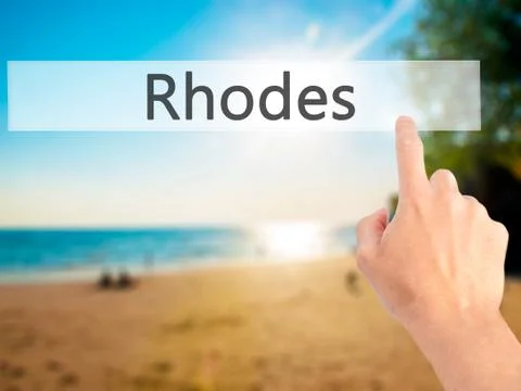 Rhodes - Hand pressing a button on blurred background concept on visual scree Stock Photos