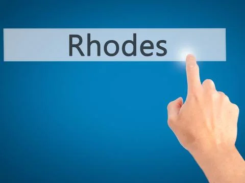 Rhodes - Hand pressing a button on blurred background concept on visual scree Stock Photos