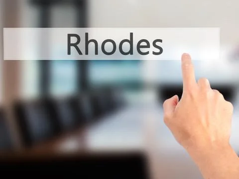 Rhodes - Hand pressing a button on blurred background concept on visual scree Stock Photos