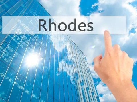 Rhodes - Hand pressing a button on blurred background concept on visual scree Stock Photos