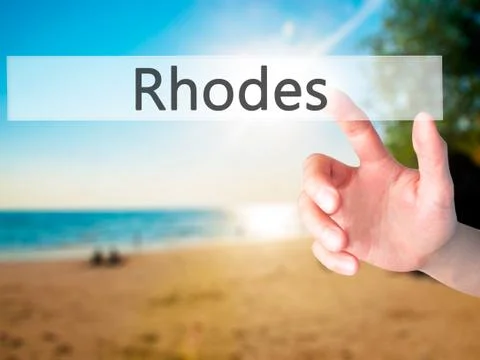 Rhodes - Hand pressing a button on blurred background concept on visual scree Stock Photos