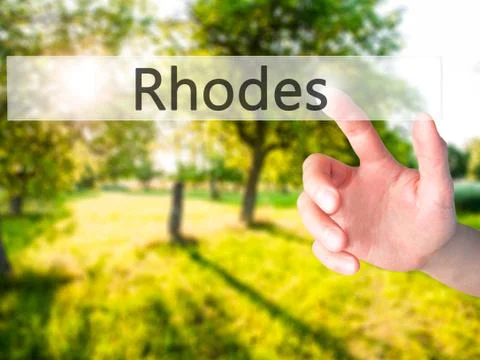 Rhodes - Hand pressing a button on blurred background concept on visual scree Stock Photos